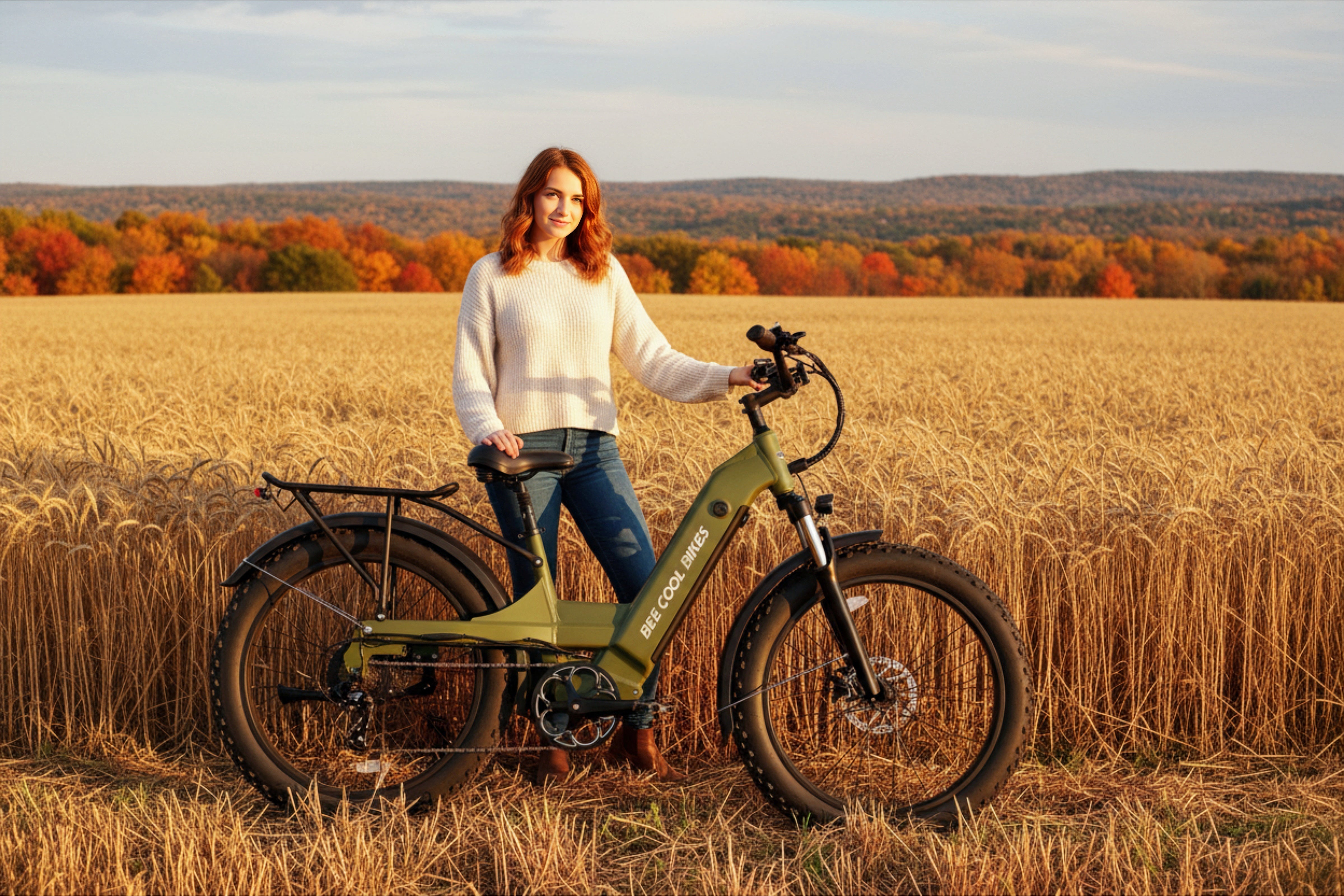 Autumn ebike ride through a city park with colorful fall foliage and golden pathways