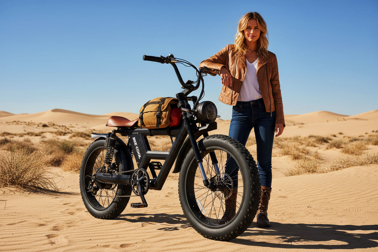 BeeCool Bikes Bee Challenger eBike with retro motorcycle design and tank-style battery housing, combining vintage style with modern electric power.