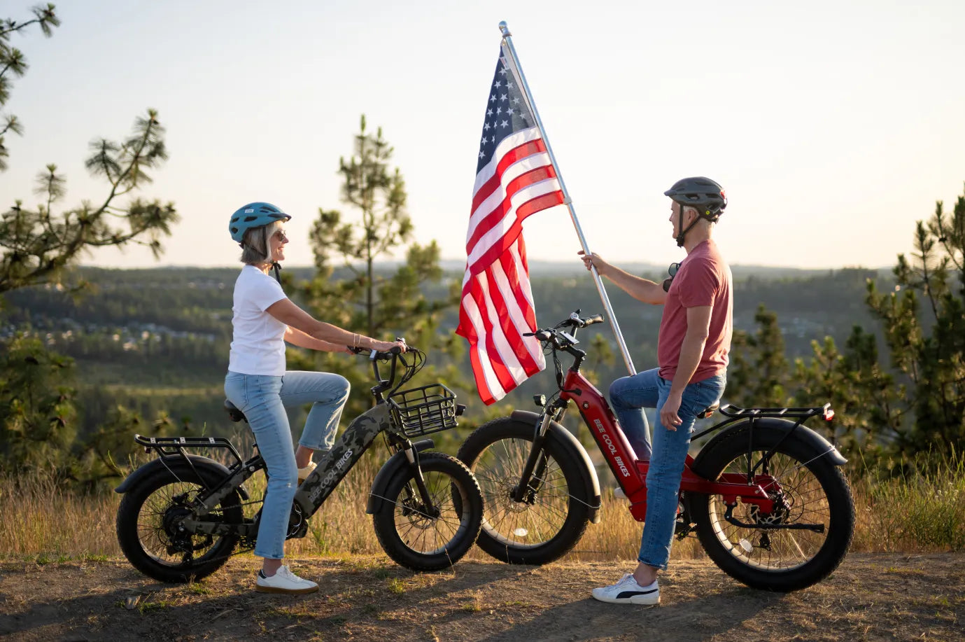BeeCool Bikes Independence Day 2025 Sale banner featuring fireworks, happy riders, and eBikes with promotional tags like “Up to $700 Off” and “Free Trailer Included”